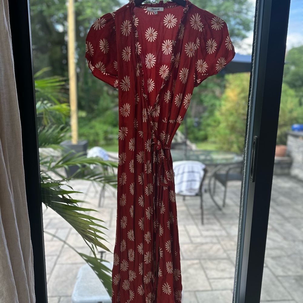 Madewell Red Midi Dress with Cream Daisy Print